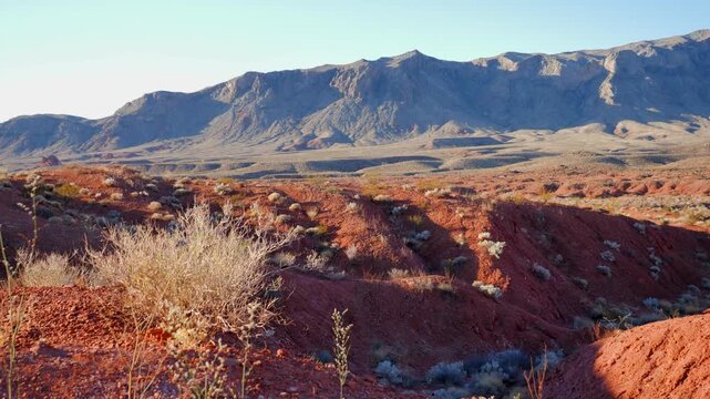 Landscape view of the red rocks of Valley of Fire State Park, a public recreation and nature preservation area in Clark County, Nevada