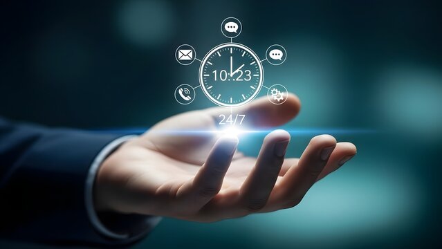 Hand holding futuristic digital clock interface with glowing light effect - Powered by Adobe