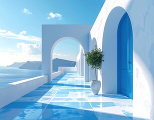 Sunny exterior with blue & white building, ocean view