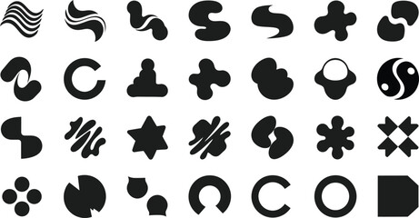 Collection of abstract black shapes and design elements on white background