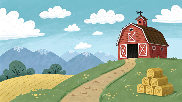 Charming illustration of a red barn on a grassy hill with hay bales, a winding path, and snowcapped mountains under a blue, cloudy sky in a rural landscape - Powered by Adobe