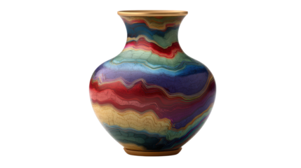 Ceramic vase featuring an abstract marbled pattern in vibrant colors and texture, antique-style crackle glaze, isolated on transparency