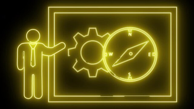 Neon outlined presentation man gear and compass displayed on a screen