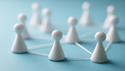 Abstract network of white pawns connected by threads on blue