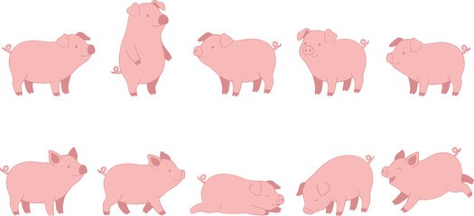 Adorable Set of Cute Pink Cartoon Pig Characters in Different Poses, Including Standing, Sleeping, and Running, Isolated Vector Graphic Illustration.