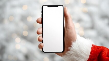 A gloved hand in a red festive sleeve holds a blank smartphone against a snowy, twinkling background - Powered by Adobe