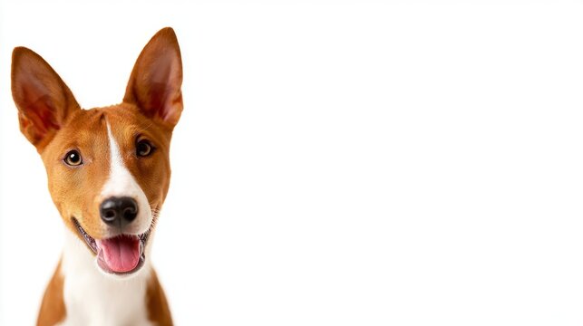basenji. Adorable basenji dog with brown and white fur, joyfully posing against a white backdrop. wildlife magazines, conservation campaigns, designed for eco-tourism storytelling.
