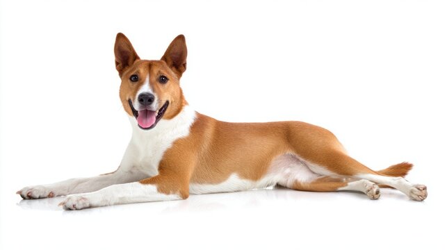 basenji. Adorable basenji dog with brown and white fur, joyfully posing against a white backdrop. wildlife magazines, conservation campaigns, designed for eco-tourism storytelling.
