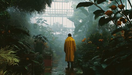 Person in yellow coat walks through misty, lush greenhouse filled with plants
