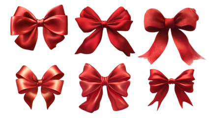Collection of red satin bows elegant decorative elements for gift wrapping and celebration design on white background.