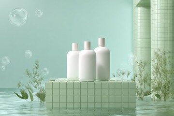 Three white bottles on a tiled platform in a refreshing aquatic spa scene