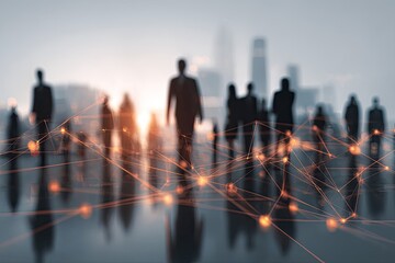 Silhouettes of business people walking through a city with a network overlay