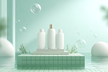 Clean cosmetic bottles on a tiled platform in a serene water and bubble environment