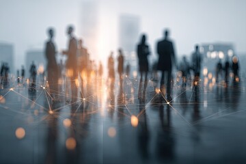 Blurred figures stand amidst glowing network connections in a modern cityscape