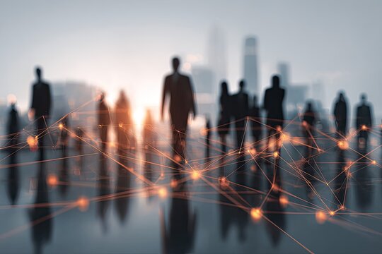 Silhouettes of business people walking through a city with a network overlay