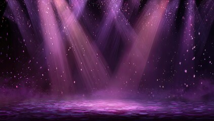 Stage lights illuminate misty atmosphere with sparkling particles on floor