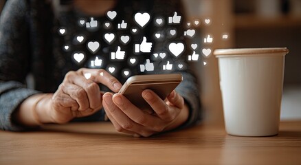 Close-up of hands using smartphone with social media icons floating upwards
