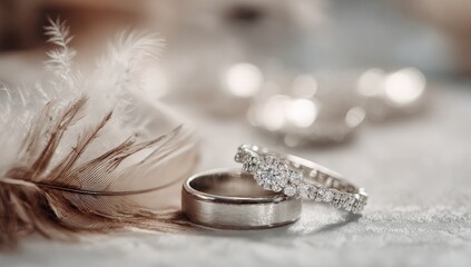 Close-up of two diamond-studded wedding bands resting near a delicate feather