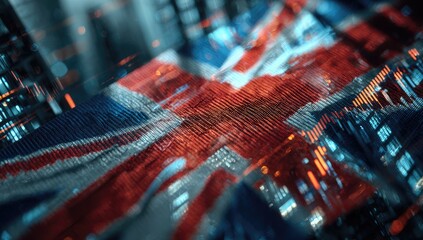 Abstract digital rendition of a Union Jack flag with city lights in background