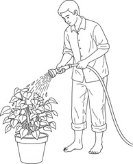 Black and White Outline Drawing of a Man Watering a Potted Houseplant with a Garden Hose and Nozzle, Illustrating Gardening and Home Care.