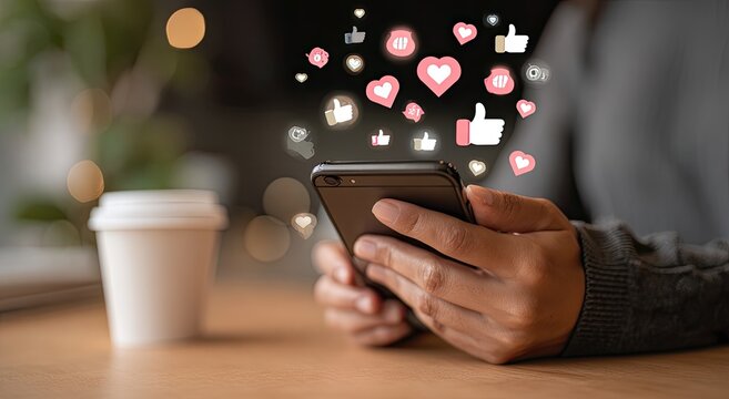 Person holding a phone with social media likes and hearts popping up around it - Powered by Adobe