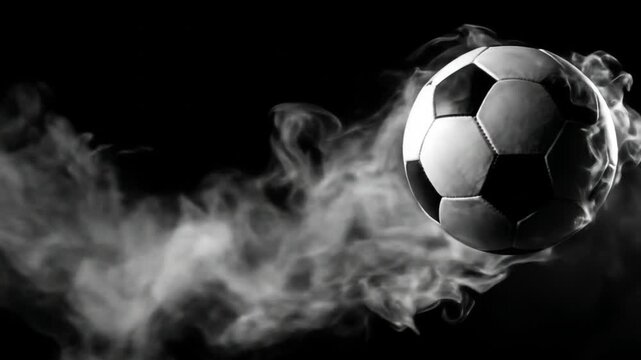 Monochrome soccer ball bursts through smoky mist against a void, dynamic and dramatic in dark mist!!