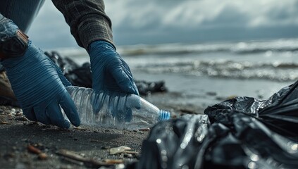 Person in blue gloves collecting plastic bottle from a beach
