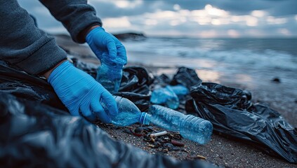 Hands in gloves collect plastic bottles from a littered beach