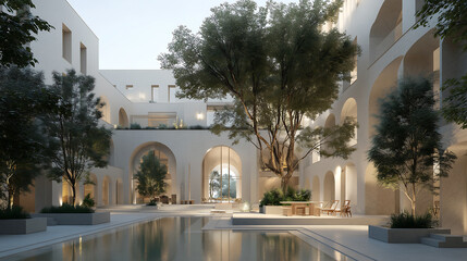 Obraz premium Cloud Dancer A serene and modern architectural oasis featuring a tranquil pool and lush greenery Colour of the Year 2026