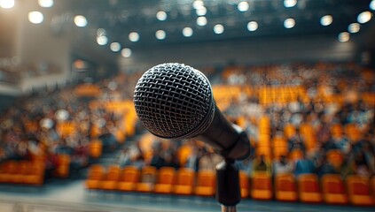 A microphone sits center stage, facing an audience in a large, dimly lit auditorium