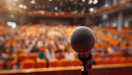 Microphone in front of an audience in an auditorium