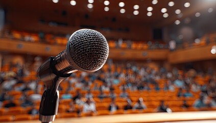 Microphone on stage in front of an audience in an auditorium
