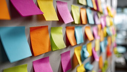 A wall covered in a vibrant array of colorful sticky notes in a variety of hues