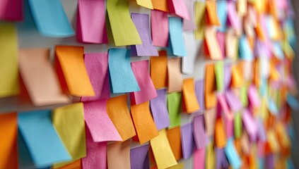 A wall covered in a multitude of colorful adhesive notes, creating a vibrant and organized display