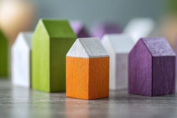 Colorful toy houses arranged on a wooden surface, one stands out