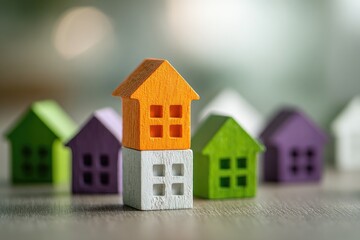 Colorful wooden house models stacked, symbolizing housing options