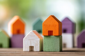 Colorful miniature houses stacked and arranged in a row