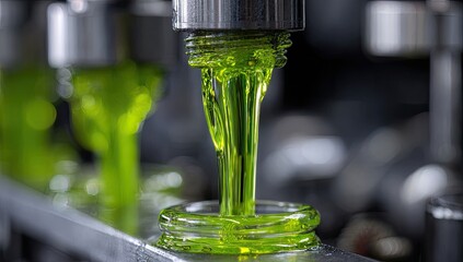 Vibrant green liquid precisely fills a clear glass container in a manufacturing process