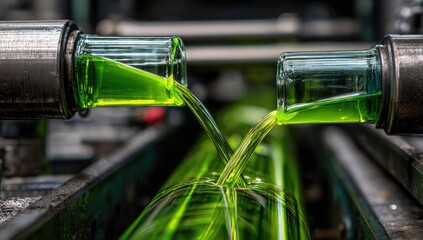 Green liquid flows into glass bottles on an industrial conveyor belt