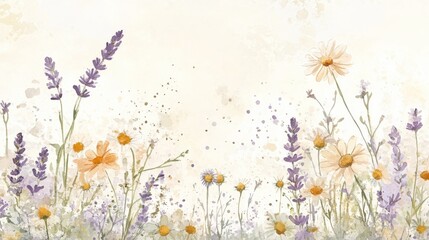 Soft Pastel Floral Background with Lavender, Daisy, and Wildflowers in a Serene Natural Setting