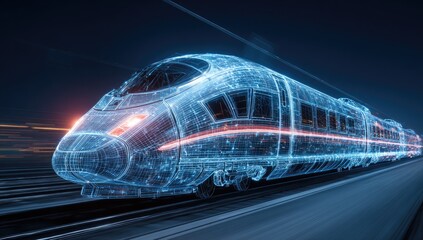 Futuristic digital train, glowing with electric blue and red energy, moving fast