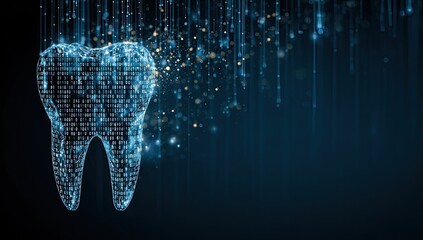 Digital tooth formed from glowing binary code dissolves into light particles