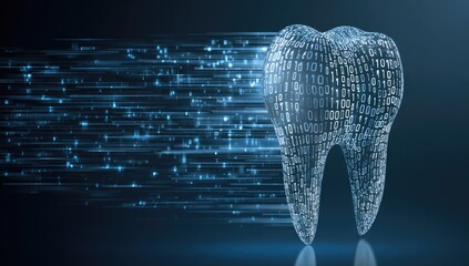 A translucent digital tooth composed of glowing binary code streams