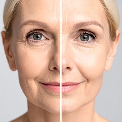 Split face portrait of a fair-skinned woman, showing aging vs. smooth skin