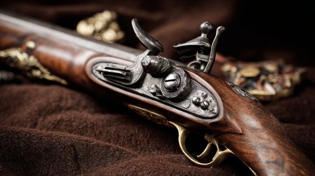 flintlock. Antique flintlock musket displayed on velvet cloth, detailed wood and metal components. event programs, museum guides, designed for cultural heritage projects and event programs.
