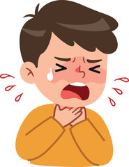 Cartoon person choking or in pain, orange shirt character, health emergency illustration, emotional distress, tearful reaction, red pain lines, expressive face, medical awareness