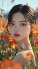 Naklejka premium Young Woman Surrounded by Vibrant Flowers in a Bright Outdoor Setting under a Clear Blue Sky