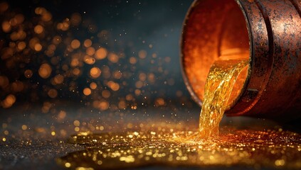 Amber liquid pours from a rustic barrel, sparkling and creating a golden pool