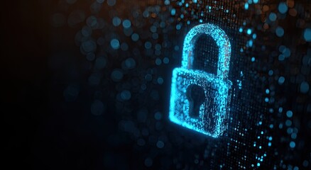 Glowing digital padlock formed from particles, representing online security