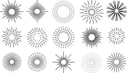 Line starburst. Firework, round sunburst, retro linear radial frame, fireworks burst. Vintage sun rays or star sparkles, explosion black and white line art illustration